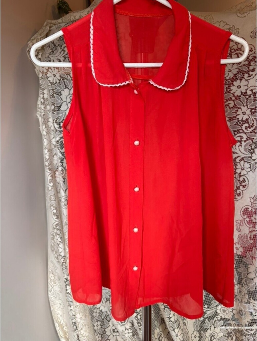 Vintage Red Sheer Sleeveless Blouse with Lace Trim Collar